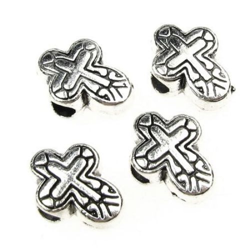 Metal bead in the shape of a cross, embossed 10x14x6 mm hole 3 mm color silver - 5 pieces