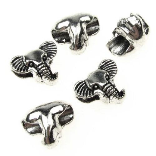 Elephant's head metal bead for jewelry, talismans making 12x10x8 mm hole 3 mm color silver - 5 pieces