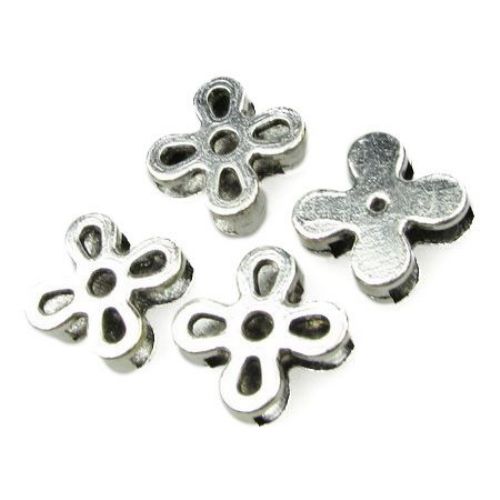 Metal Flower Beads with two Holes, Spacer Charms for DIY Jewelry Making, 13x13x4 mm, Holes: 10x2 mm and 2x2 mm, Silver -5 pieces