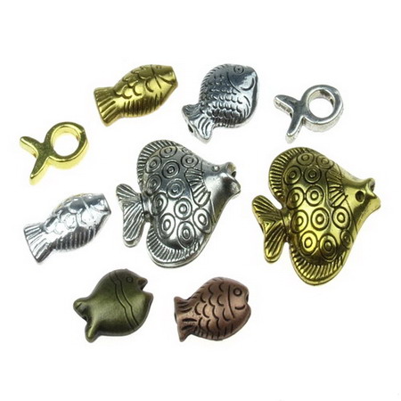 Assorted types and sizes fish shaped beads 8~33x7~15x1.5~4.5 mm hole 1~3mm  assorted color - 20 grams