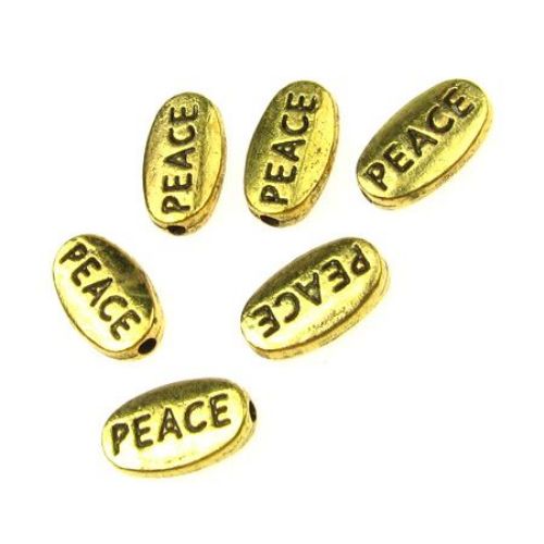 Oval metal tile bead with engraved inscription ''Peace" 10x6x2 mm hole 1 mm color old gold - 20 pieces