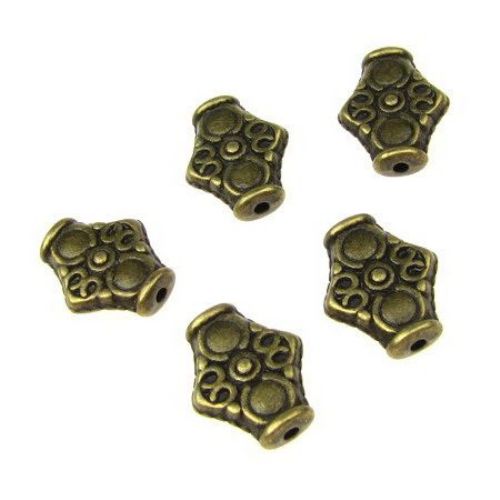 Margele metalica romb 15x12,5x4,5 mm gaură 1,5 mm culoare bronz antic -10 bucăți