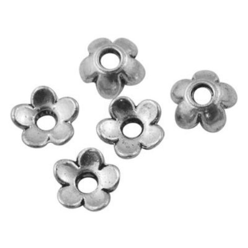 Perlă metalică floare 6x6x2 mm gaură 2 mm culoare veche argint -50 bucăți