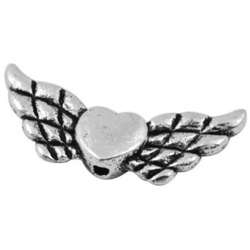 Мънисто метал сърце с крила 9x22x3 мм дупка 1 мм цвят сребро -20 броя