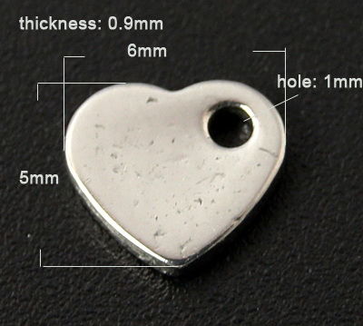 Καρδιά, Ατσάλι κρεμαστό 6x5x0,5 τρύπα 1 mm χρώμα ασημί - 5 τεμάχια
