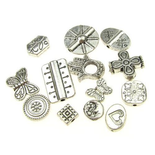 Metal bead ASSORTMENT SHAPES 8 ~ 15x5.5 ~ 10x3 ~ 4mm hole 1 ~ 2mm color silver -20 grams