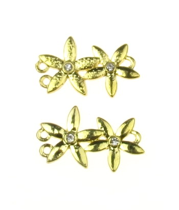 Jewelry components, metal connector beads  flower with crystals 22x13x2 mm hole 1 mm gold color