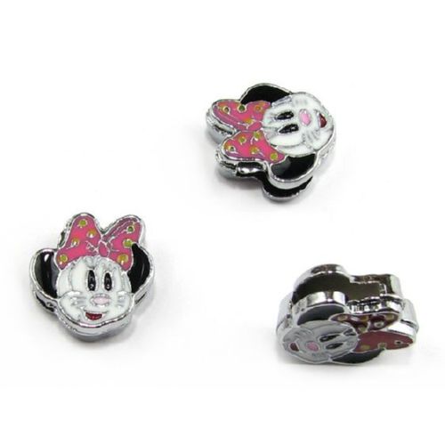 Metal Slide Charms for Bracelets, Silver Colored Bead Minnie Mouse, 11 mm, Hole: 8 mm