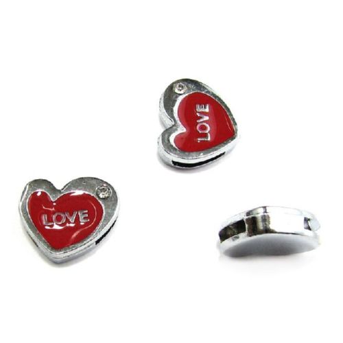 Heart element, metal bead for stringing with rhinestone 13 mm hole 8 mm