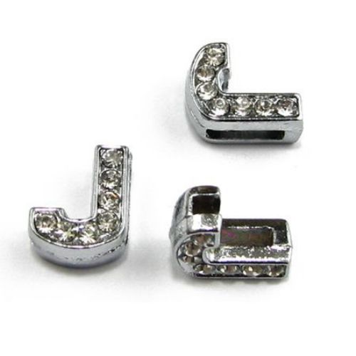 Letter J, metal component with small crystals for craft jewelry making hole 8 mm