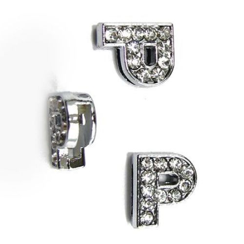 Letter P for stringing, metal element with tiny crystals hole 8 mm