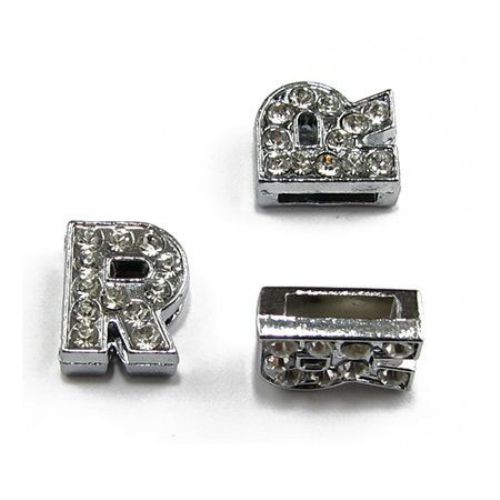 Letter R, jewelry component for stringing, metal bead with rhinestones hole 8 mm