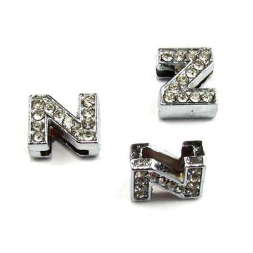 Letter Z, metal component with small crystals for craft jewelry making hole 8 mm