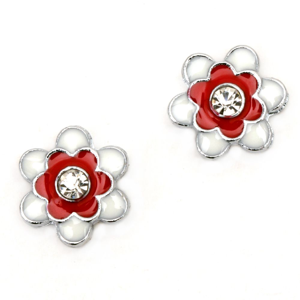 Metal enameled flower for stringing with crystal, two color - white and red 15 mm hole 8 mm