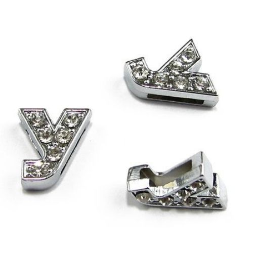 Metal component cyrillic letter У for stringing with tiny crystals hole 8 mm