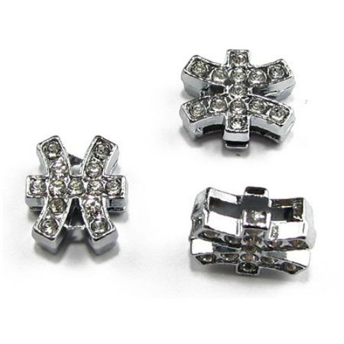 Metal bead stringing element in the shape of  zodiac sign Pisces with small crystals 11 mm hole 8 mm