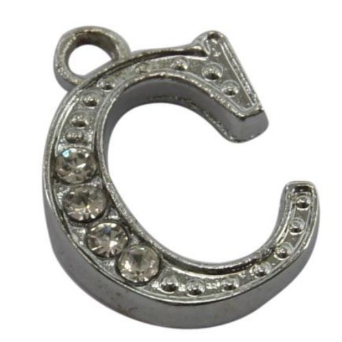 Metal pendant with dazzling crystals letter C for jewelry making 14.5x10x2.5 mm hole 1.5 mm silver