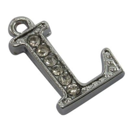 Metal pendant with crystals letter L for jewelry making 15x10x2.5 mm hole 1.5 mm color silver