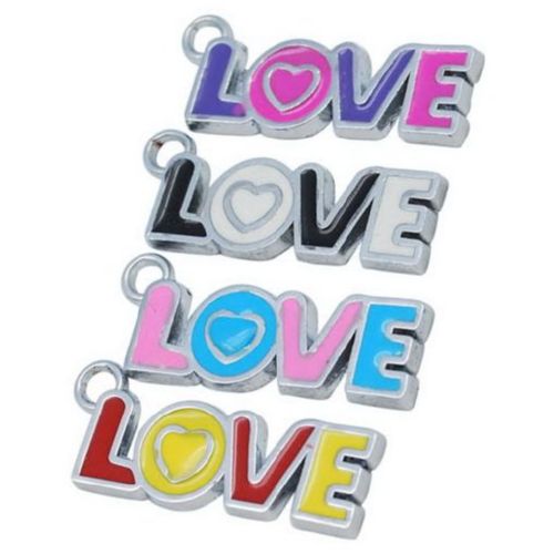 Painted metal pendant with glazed inscription "Love" 32x11x2 mm hole 3 mm