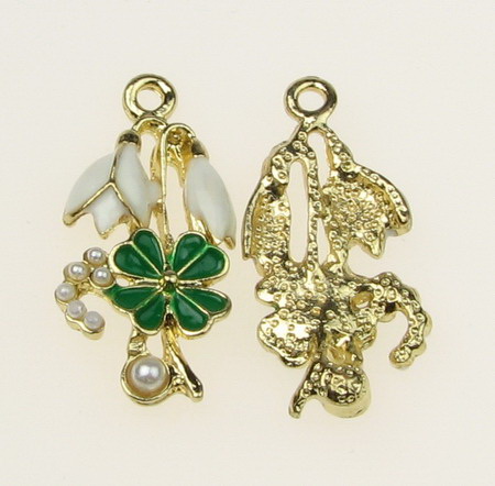 Glazed snowdrop and  clover with pearls, metal pendant for jewelry making 30x15 mm hole 2 mm color gold - 2 pieces