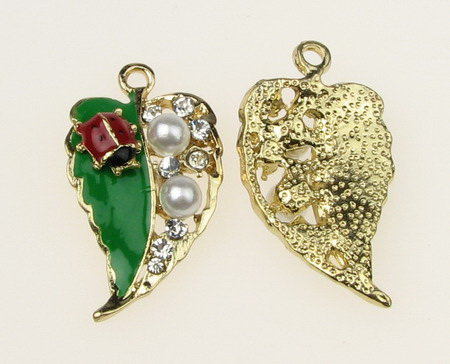 Pendant metal leaf with pearls, crystals and ladybug 33x18 mm hole 2 mm color gold - 2 pieces