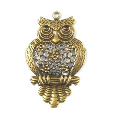 Metal owl shaped pendant for vintage jewelry making 67x42x1 mm hole 3 mm gold color - 5 pieces