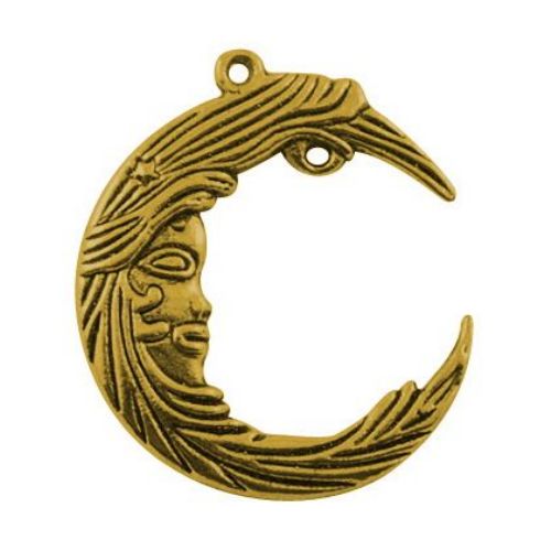 Metal Pendant with two Loops / Moon, Jewelry Making Accessory, 37x32x4 mm, Antique Gold, 3 pieces