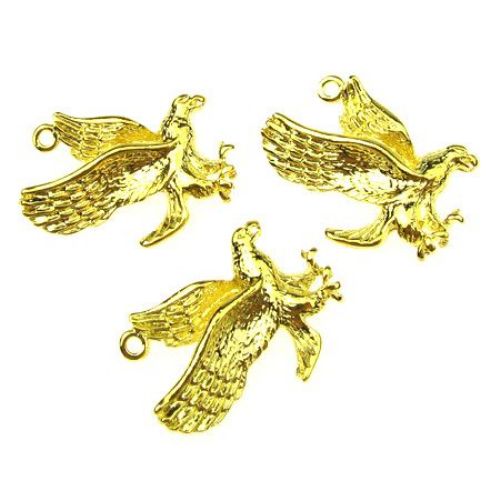 Shiny metal bead,  eagle shape pendant 26x21x5 mm hole 1 mm color gold - 5 pieces