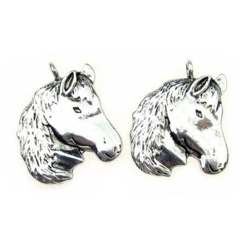 Silver Metal Pendant / Horse, Jewelry Making Accessory, 29x26x3 mm, 2 pieces