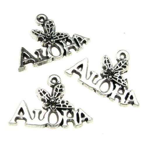 Tibetan style metal pendant in the shape of inscription "Aloha" 14x21x2 mm hole 1 mm color silver - 10 pieces