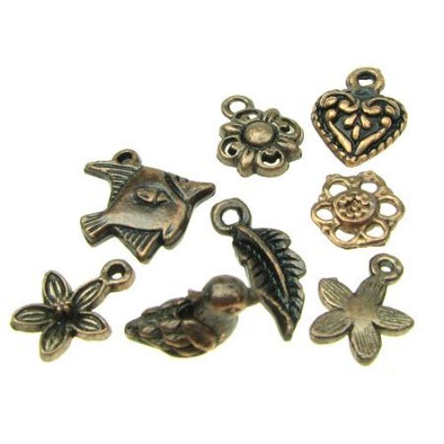 Assorted shapes and sizes, metal pendants  13~20x11~17x1.5~14 mm hole 1-4 mm color copper - 3 pieces ~ 20 grams