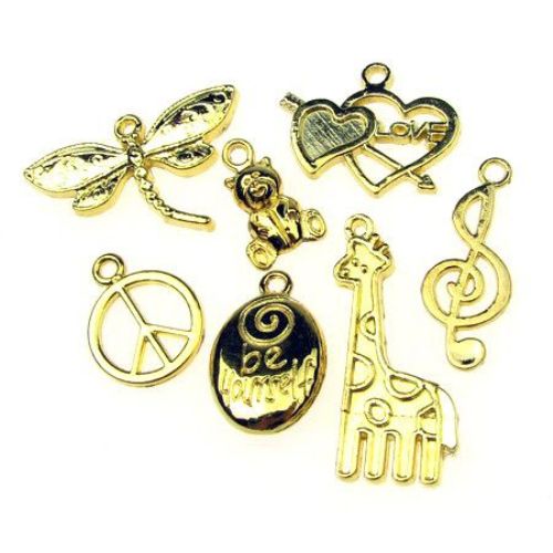 Metal pendants tibetan style, assorted shapes and sizes 15.5~43x7~ 32x1.5~4 mm hole 1-4 mm color gold - 20 grams