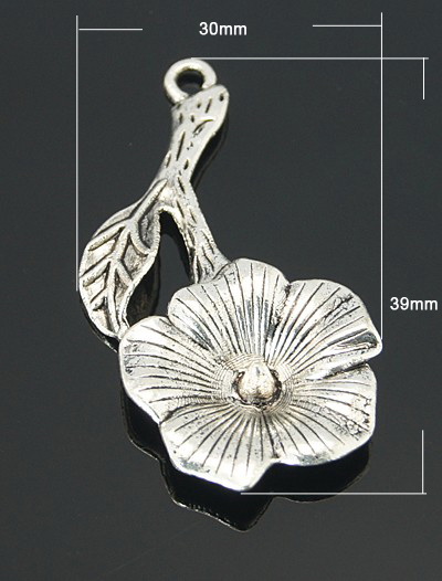 Delicate metal in flower form charm 39x30x4 mm hole 2 mm color silver - 5 pieces