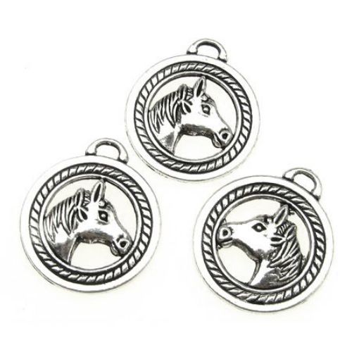 Circle metal bead, pendant with horse's head in center 28x25x4 mm hole 4x2 mm color silver - 5 pieces