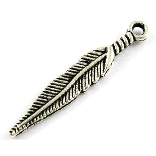 Jewelry findings - metal pendant feather shape 29x5x2 mm hole 2 mm color silver - 20 pieces