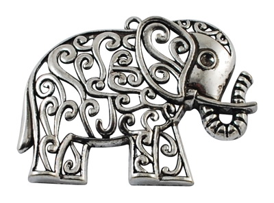 Metal elephant pendant, decorated with twisted ornaments 61x47x4 mm hole 3 mm color silver