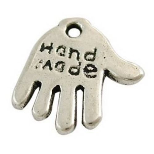 Metal hand shape pendant with engraved "Handmade" 12.5x13x1 mm hole 1 mm color silver - 10 pieces