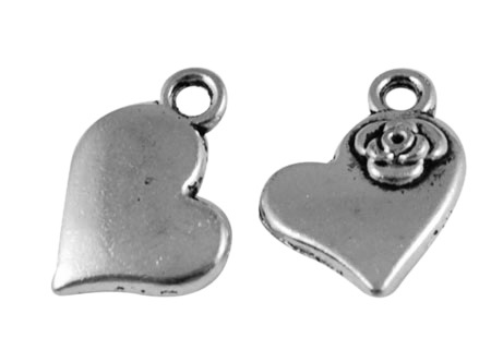 Sheeny metal heart with a rose, pendant 14x11.5x3 mm hole 2 mm color silver - 10 pieces