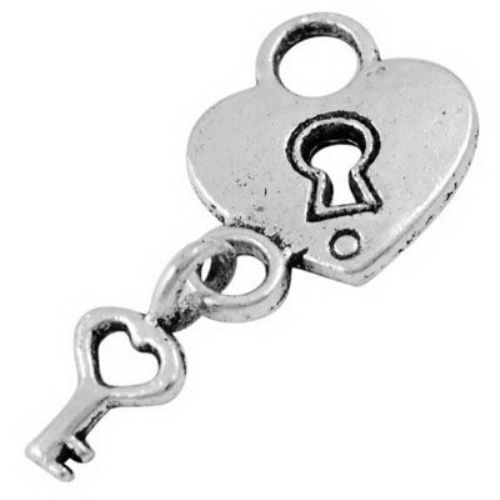 Metal heart pendant with padlock and key 15x12.5x2 mm hole 5.5 mm color silver - 10 pieces