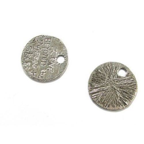 Metal medallion, coin shape with engraved inscription "Love beyond the moon stars" 36 mm hole 6 mm color silver - 2 pieces