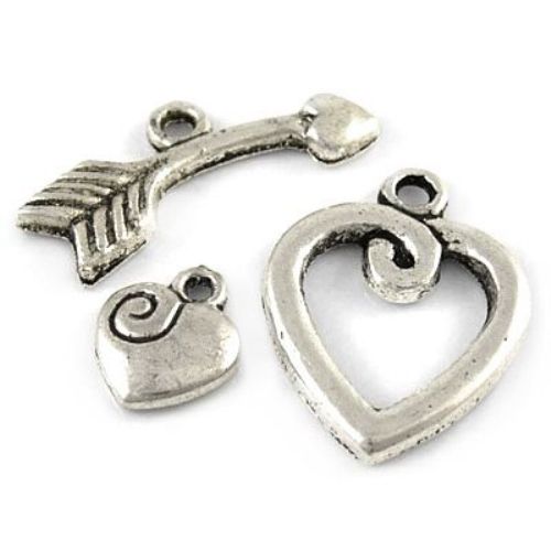 Metal clasp - heart,Jewellery Making  15x20 mm, heart 8.5x10 mm, boom 23 mm hole 1.5 mm - color silver -4 sets