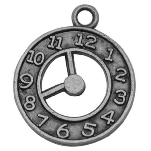 Jewelry metal findings - clock shape pendant 21x18x2 mm hole 2 mm color silver - 5 pieces