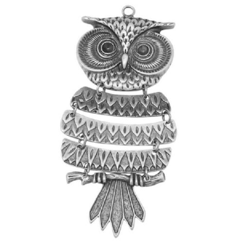 Metal pendant in the shape of an owl for DIY decorations and jewelry making 103x43x4 mm hole 3 mm 