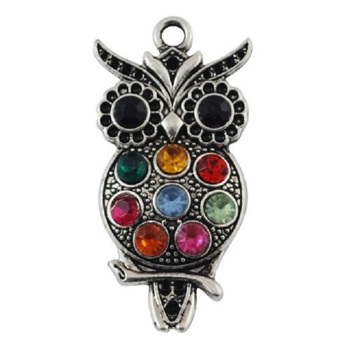 Висулка метална бухал с кристали 48x24x5 мм дупка 3 мм цвят сребро -2 броя