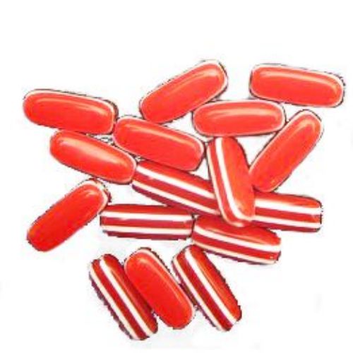 Resin Striped Tube Beads, 13x5, mm, Red and White -50 pieces