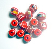 Resin plastic round beads 10x9 mm red patterned - 50 pieces