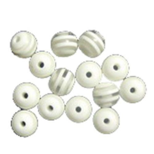 Resin Plastic Beads, Striped Ball 8 mm hole 2 mm white -50 pieces