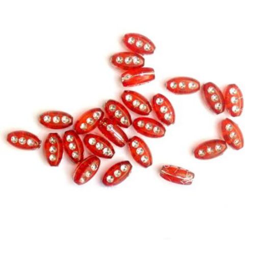 Acrylic Rice Beads with silver paint imitating small crystals 5 points 9x5 mm red - 50 grams