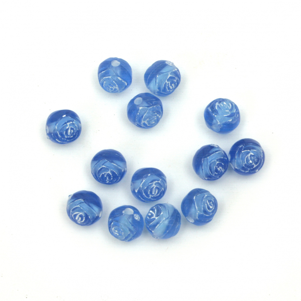 Bead ball with rose 8 mm hole 1.5 mm blue with white - 20 grams ~ 80 pieces
