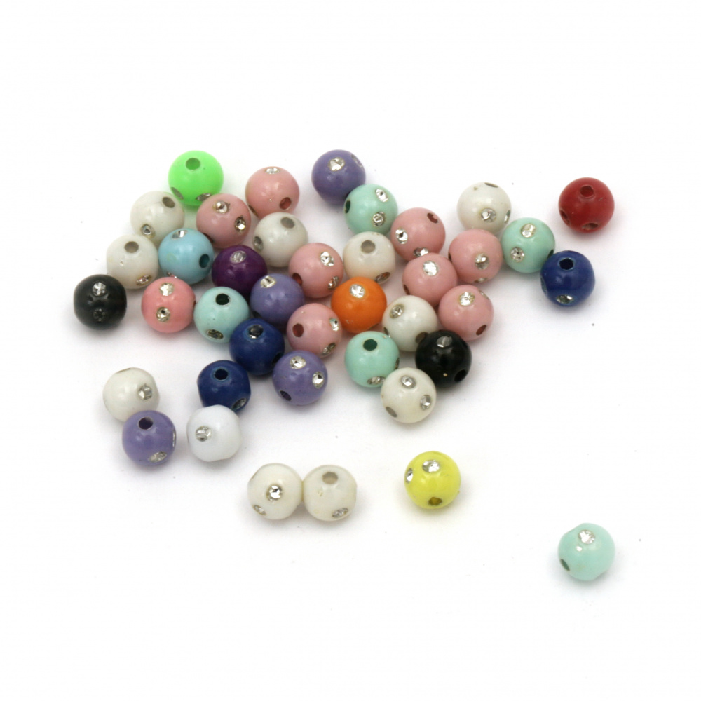 Plastic Ball-shaped Beads with Imitation of Crystals, 6 mm, Hole: 1 mm, MIX Colors -20 grams ~ 220 pieces